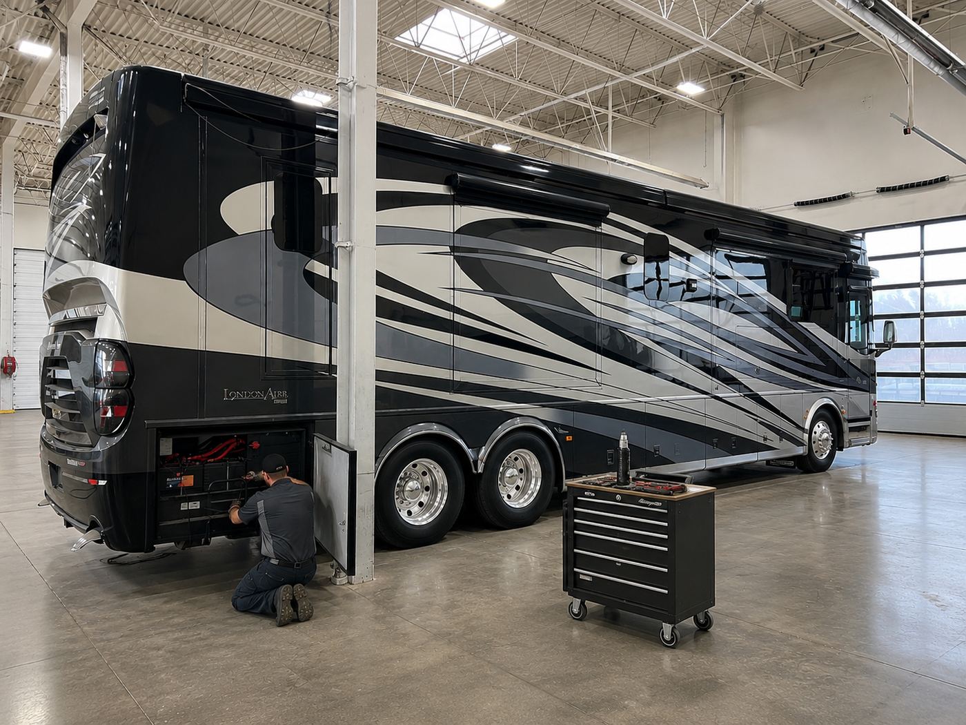 Technicians working in the Traveland RV service shop